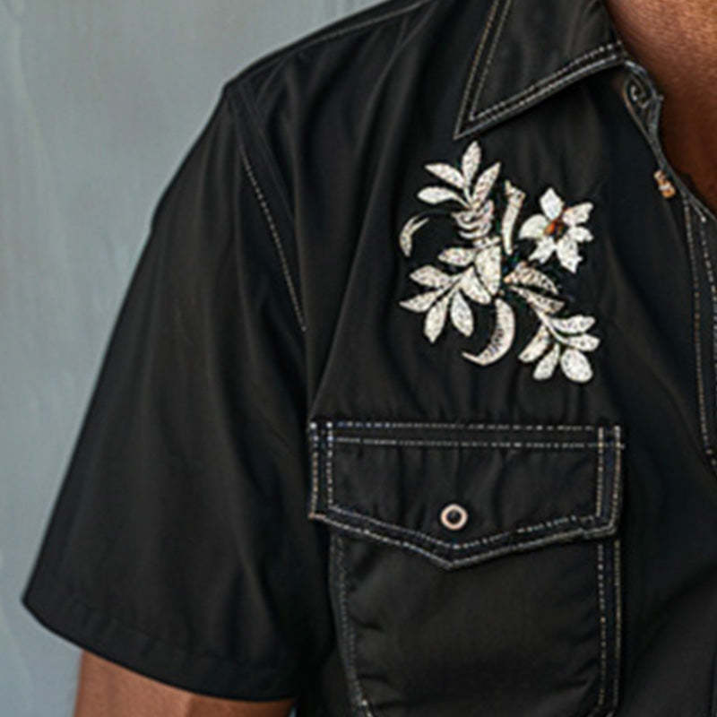 Men's Light Denim Embroidered Short Sleeve Shirt