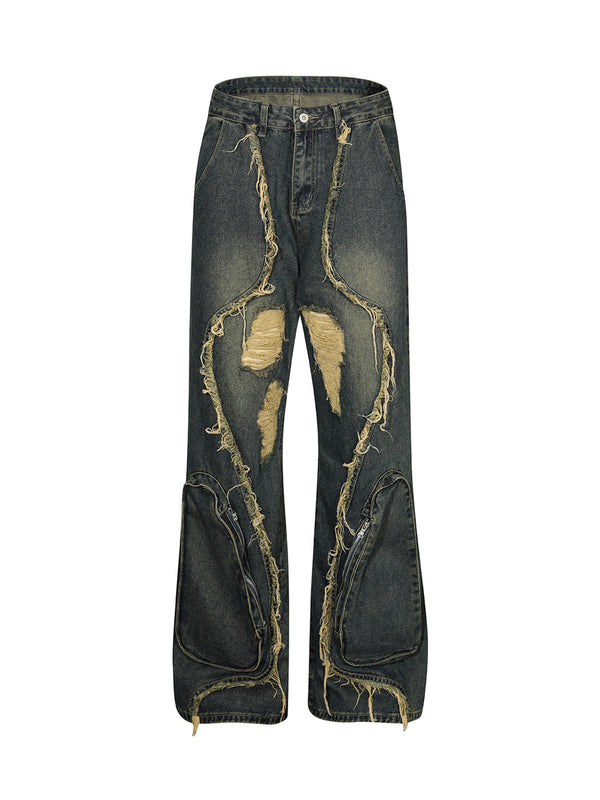 Distressed Patchwork Raw Edge Straight Jeans