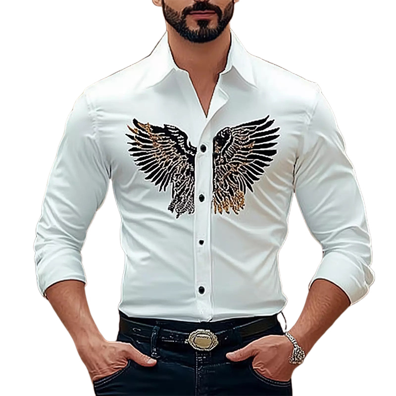 Camisa de manga larga entallada de algodón con bordado de águila vintage para hombre
