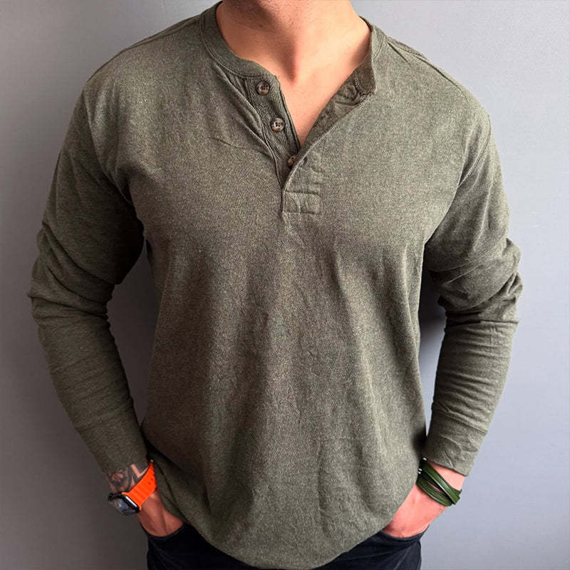 Herren-Langarm-T-Shirt im Retro-Stil mit Henley-Kragen und gewaschenem Kragen