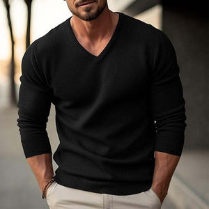 Men's Solid Color V-neck Long-sleeved Knitted Pullover Sweater