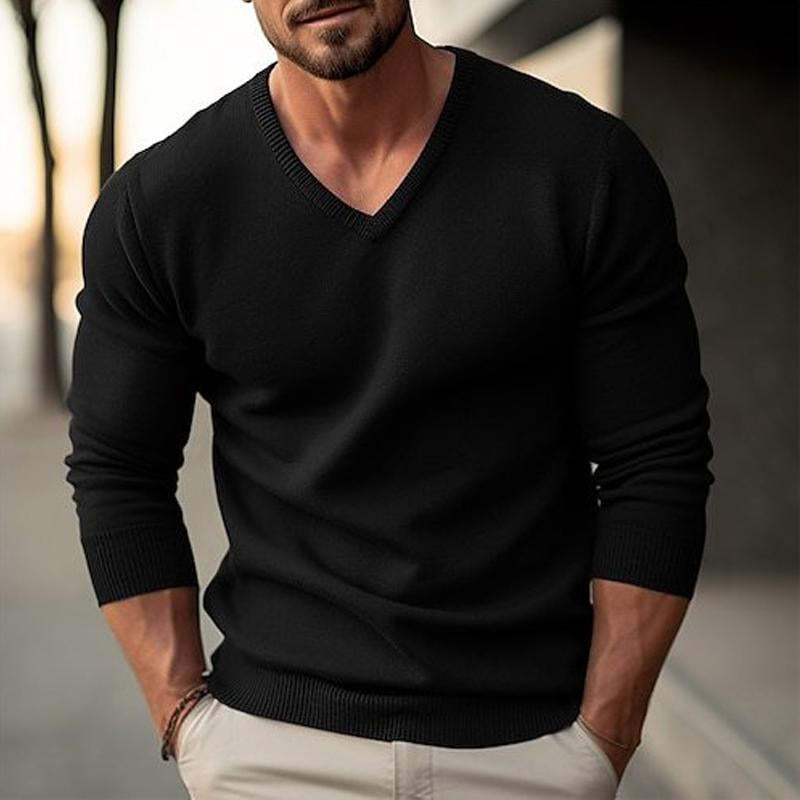 Men's Solid Color V-neck Long-sleeved Knitted Pullover Sweater