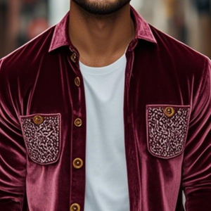 Men's Spring Fashion Retro Embroidery Velvet Long Sleeve Shirt