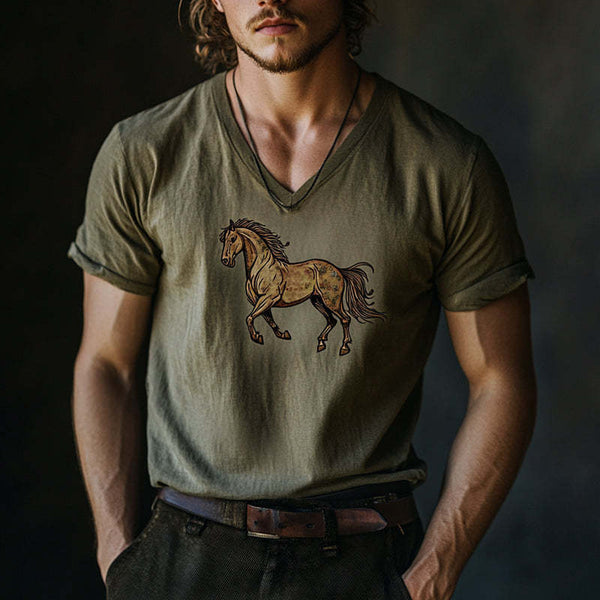 Men's Horse Print V-Neck Short Sleeve T-Shirt