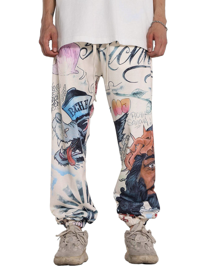 Drawstring Full Graffiti Cuffed Pants