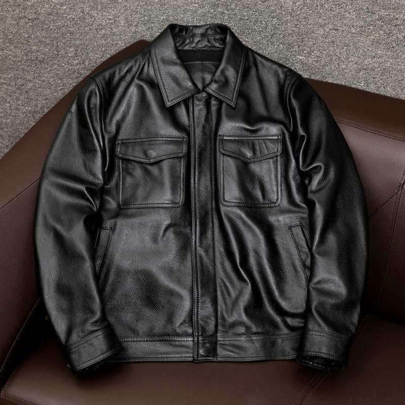 Herren-Lederjacke mit Vintage-Revers und doppelter Brusttasche