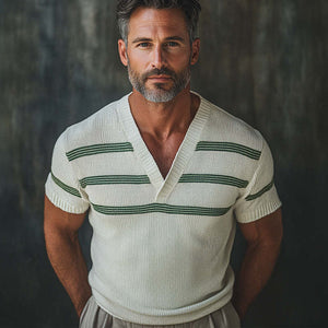 Camiseta de punto de manga corta con cuello en V retro para hombre