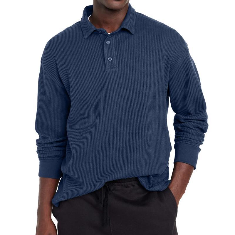 Men's Casual Solid Color Button Lapel Long Sleeve Polo Shirt