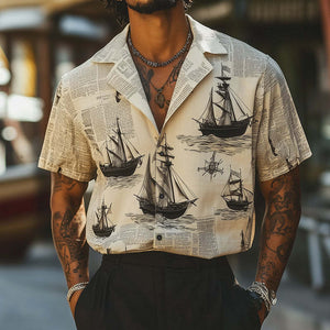 Men's Retro Casual Sailing Ship Print Lapel Short Sleeve Shirt