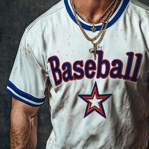 Camiseta de béisbol retro informal con cuello redondo y manga corta para hombre