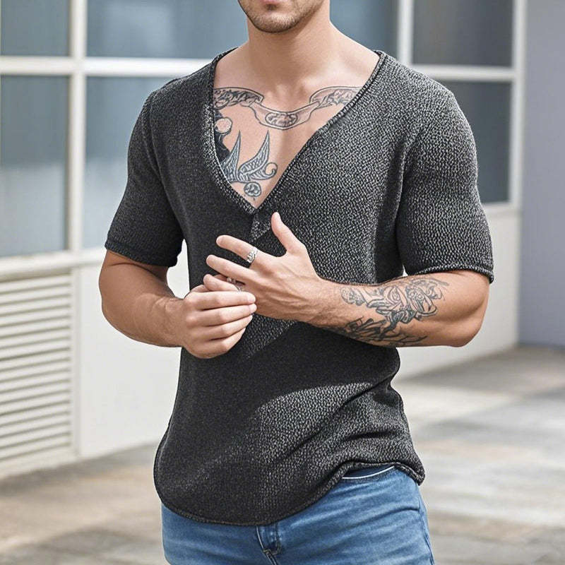 Camiseta informal de punto de manga corta con cuello en V y color liso para hombre
