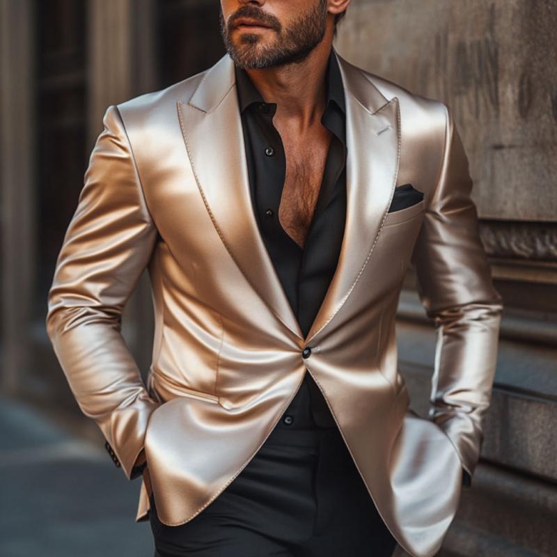 Eleganter Herren-Blazer im Retro-Stil mit steigendem Revers aus Satin, einreihig, schmale Passform