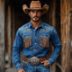 Men's Vintage Dark Blue Embroidered Tassel Western Denim Shirt