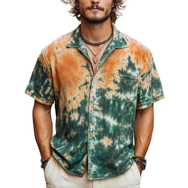Men's Orange Green Mottled Tie Dye Casual Short Sleeve Shirt
