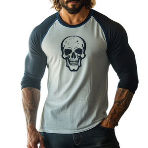 Camiseta deportiva informal de manga larga con cuello redondo y estampado de calavera retro para hombre