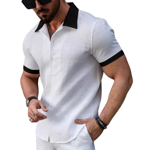 Men's Retro Contrast Jacquard Lapel Slim Short Sleeve Shirt