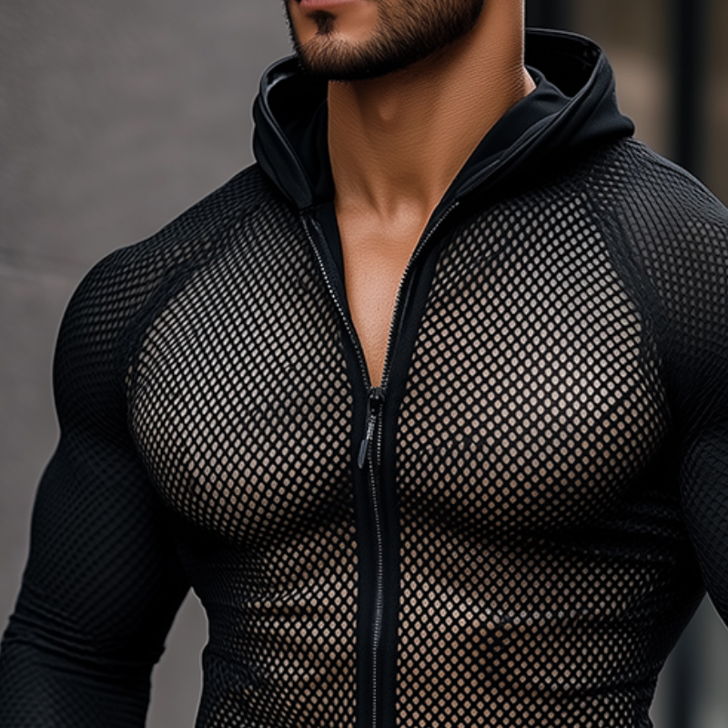 Camiseta deportiva de manga larga con capucha y cremallera de tejido de malla informal retro para hombre