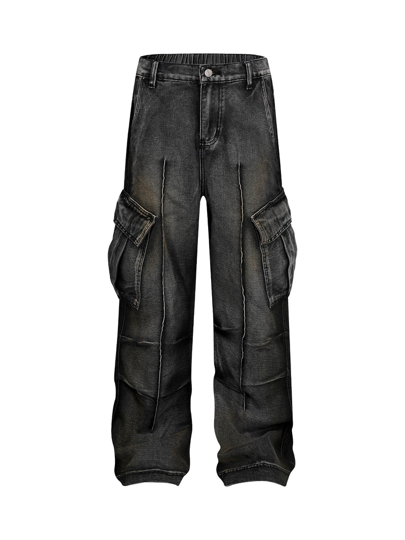 Washed Distressed Pleated Cargo Jeans