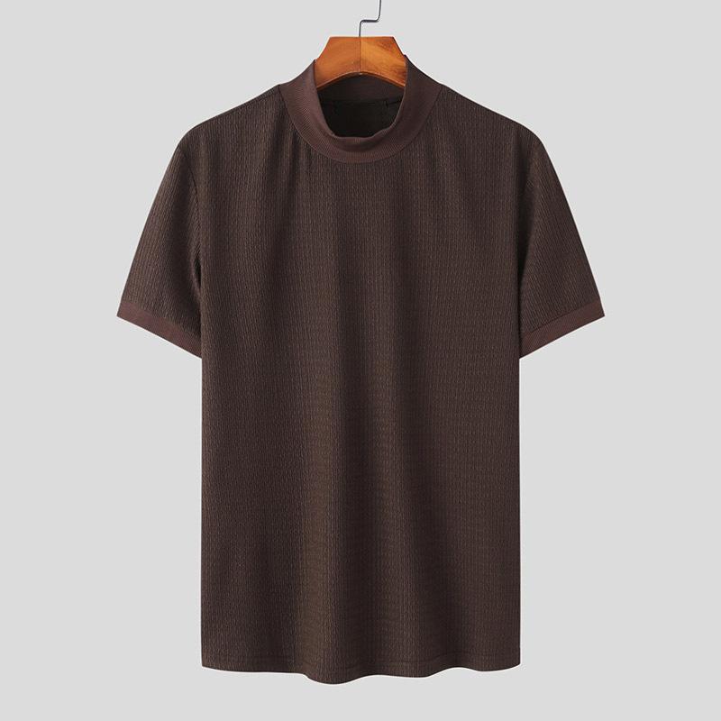 Herren-T-Shirt mit halbem Rollkragen, einfarbig, eng gestrickt, kurzärmelig