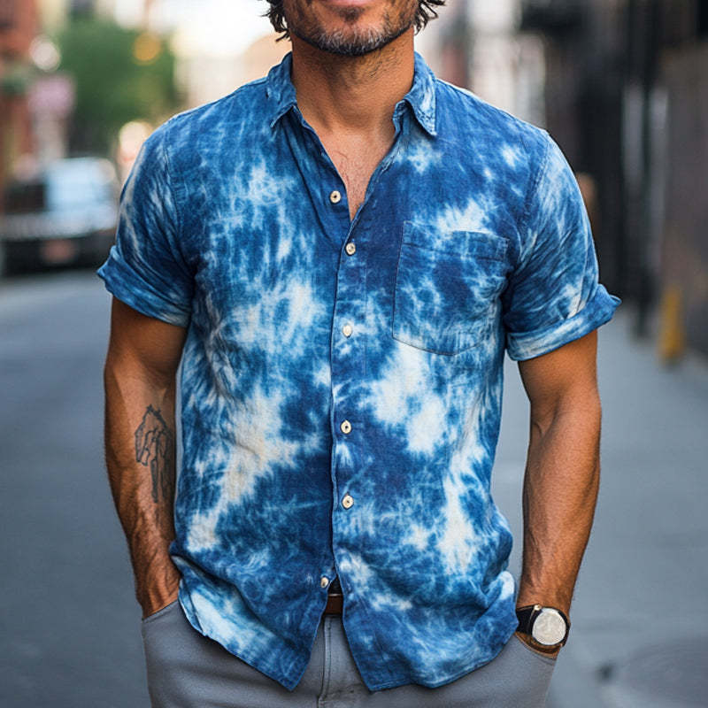 Camisa informal de manga corta de algodón teñido anudado azul de verano para hombre