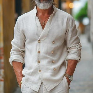 Camisa de manga larga cruzada con cuello alto de algodón y lino para hombre