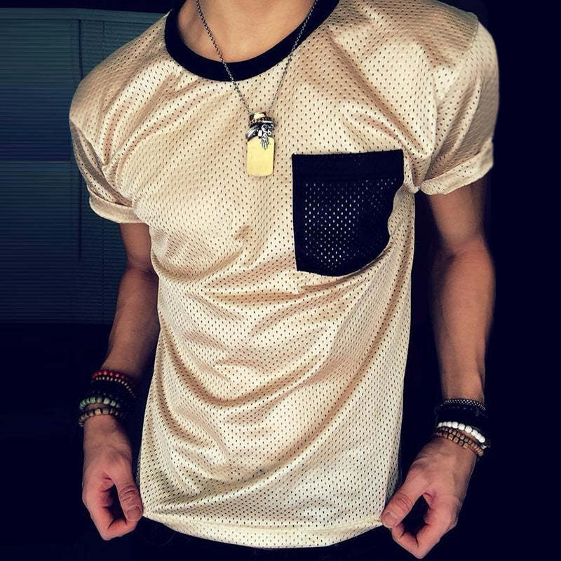 Camiseta deportiva de manga corta con cuello redondo y bloques de color de tela de malla informal retro para hombre