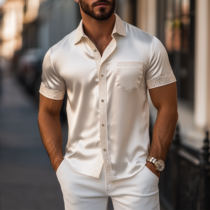 Herren Frühling und Sommer Modisches Sexy Spitzennähte Satin Kurzarmhemd