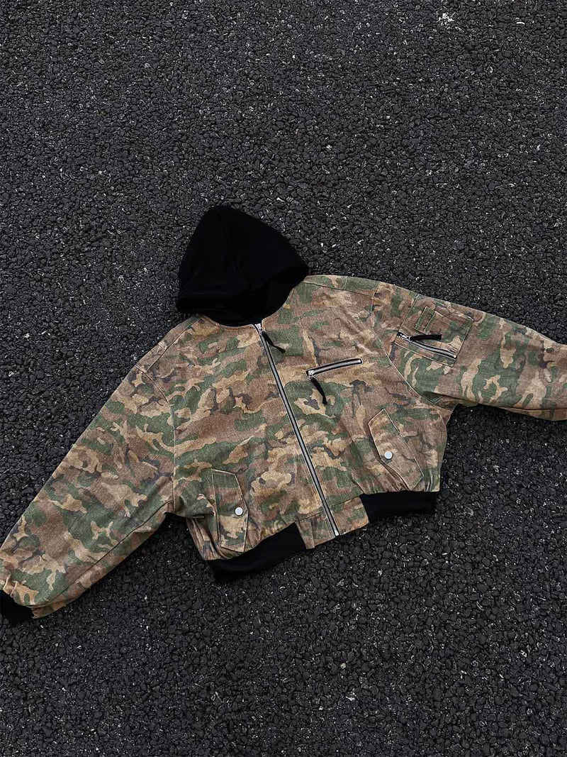 Retro Camouflage Faux Two-piece Hooded Jacket