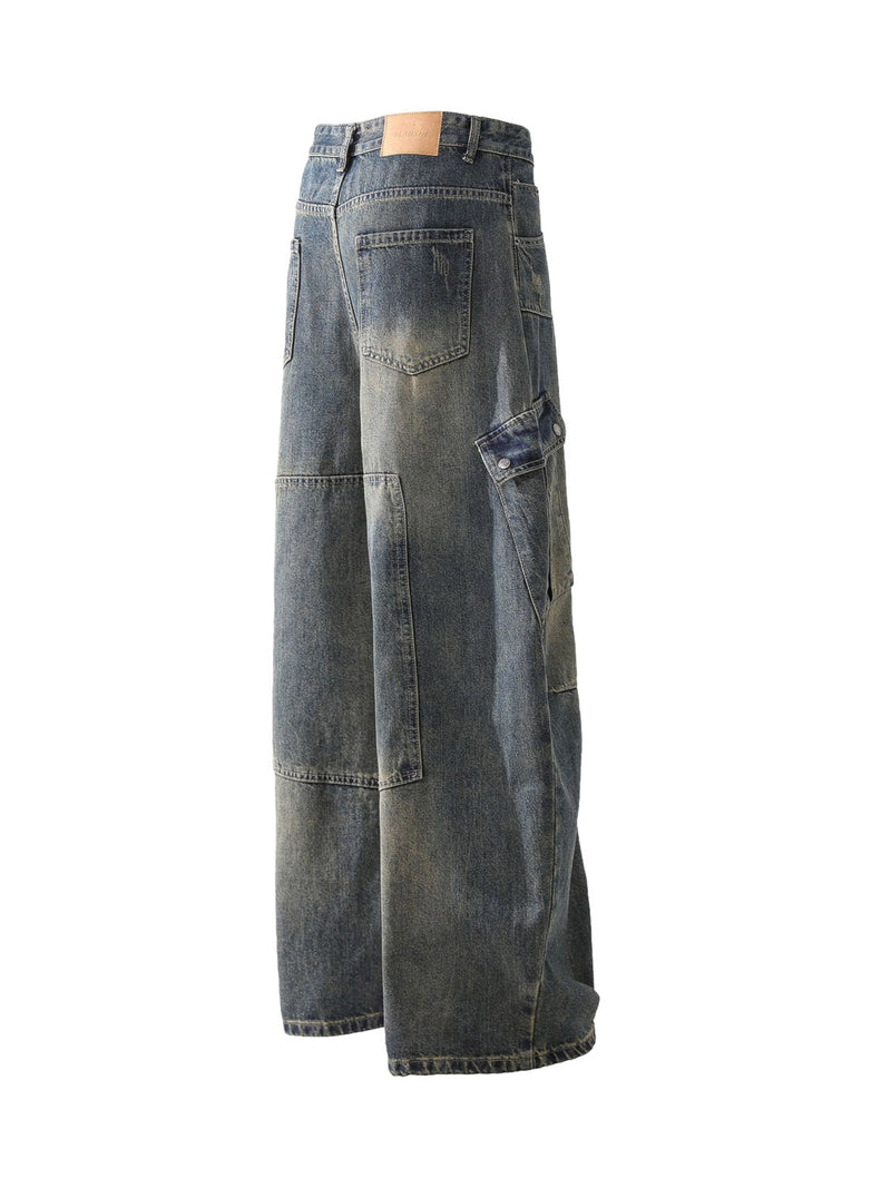 Washed Multi-Pocket Baggy Barrel Cargo Jeans