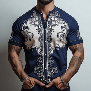 Camisa de manga corta sin cuello con estampado barroco estilo retro informal para hombre