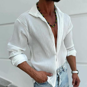 Men's Solid Striped Lapel Long Sleeve Casual Shirt