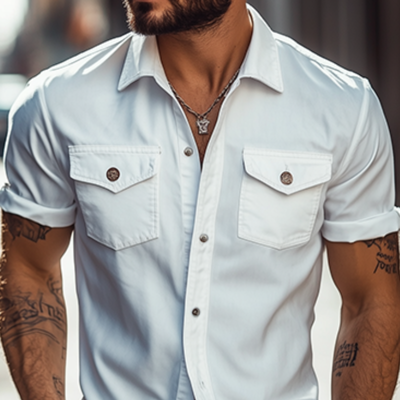 Men's Classic Casual Solid Color Slim Fit Multi-Pocket Short Sleeve Shirt