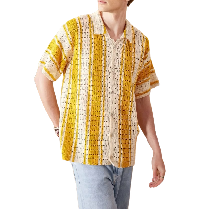 Men's Casual Contrast Striped Lapel Single-breasted Knitted Short-sleeved Cardigan
