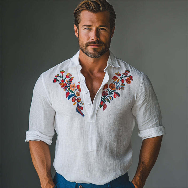 Men's Cotton And Linen Embroidered Polo Collar Casual Long Sleeve T-Shirt 59276361U