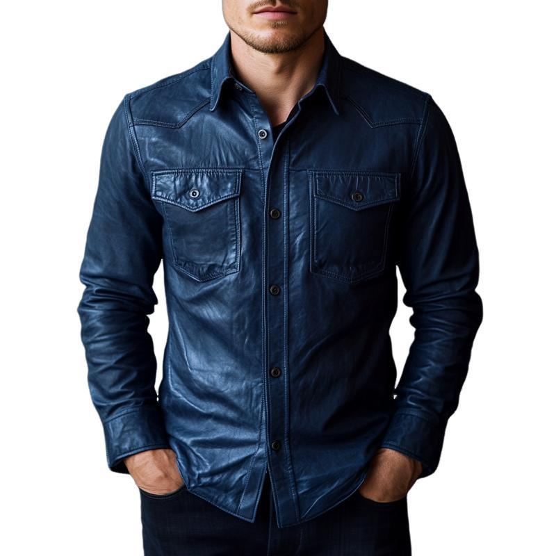 Camisa elegante de cuero de manga larga con solapa azul oscuro para hombre