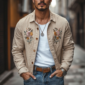 Camisa informal de lino con bordado floral y solapa holgada de manga larga para hombre