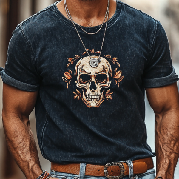 Men's Retro Denim Washed Skull Print Round Neck Slim Fit Short Sleeve T-Shirt 79843623M