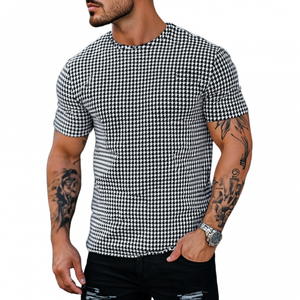 Camiseta informal de manga corta y cuello redondo con estampado de pata de gallo para hombre