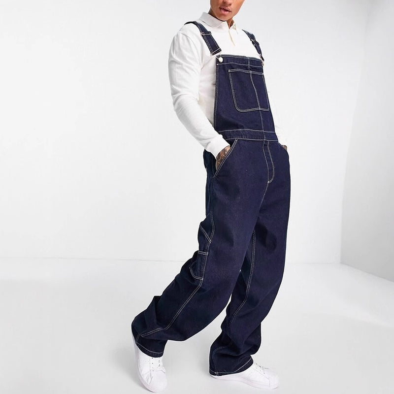 DENIM STRAP PANTS LOOSE MEN'S DENIM STRAP PANTS TEARED JEANS