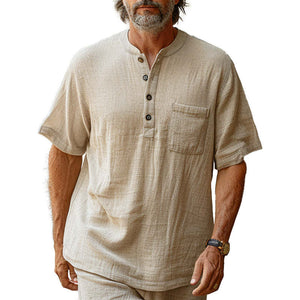 Men's Solid Linen Loose Casual Henley Shirt