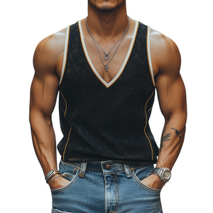 Men's Summer Fashion Casual Deep V-neck Contrast Color Stitching Suede Tank Top