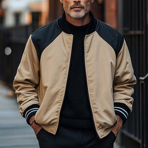 Chaqueta de béisbol retro con cremallera y bloques de color camello negro para hombre