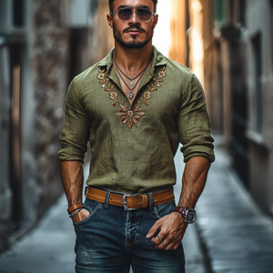 Camisa informal de lino con solapa y bordado floral, corte entallado y manga larga para hombre