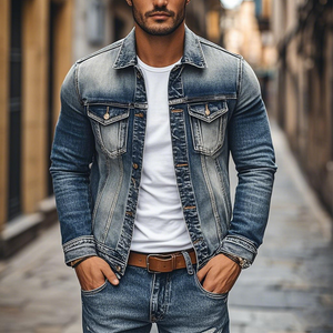 Herren Vintage Denim Heavy Wash Einreihige Slim Fit Jacke