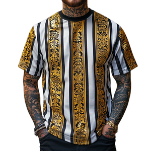 Camiseta de manga corta con cuello redondo y estampado barroco retro informal para hombre