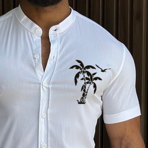 Men's Retro Casual Coconut Tree Print Stand Collar Short Sleeve Shirt