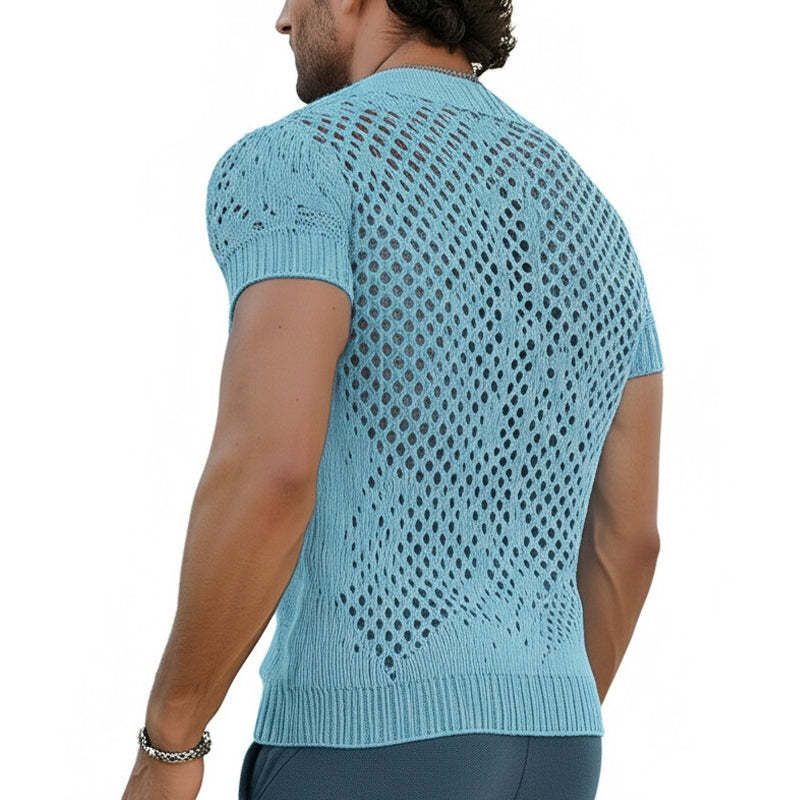 Camiseta de punto de malla transpirable con cuello en V de moda de verano para hombre