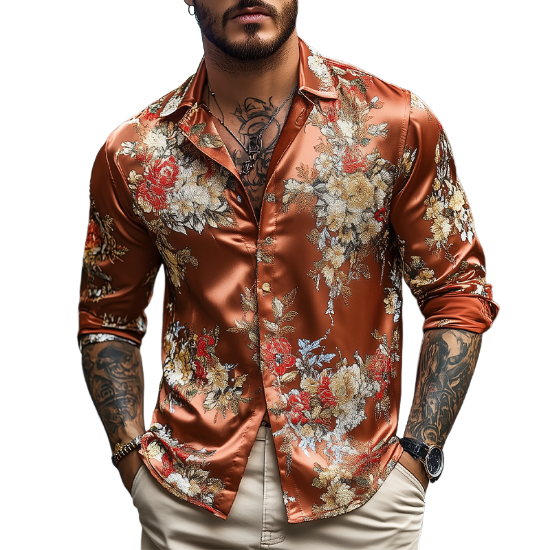 Men's Spring And Summer Fashionable Retro Printed Satin Long Sleeve Shirt