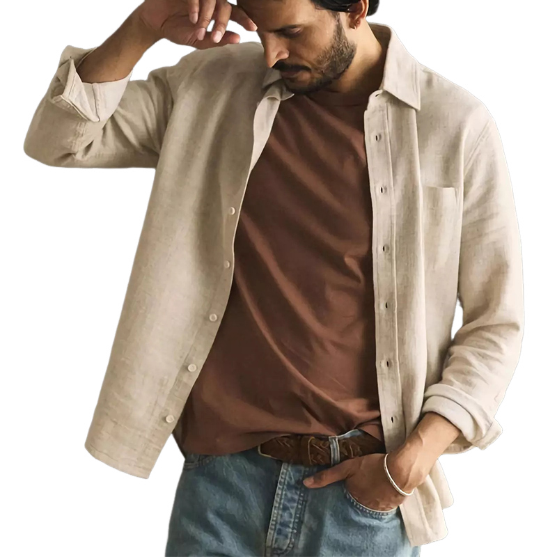 Men's Casual Apricot Cotton And Linen Long-sleeved Shirt