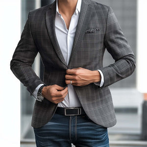 Blazer básico de cuadros grises de dos botones para hombre, primavera y otoño